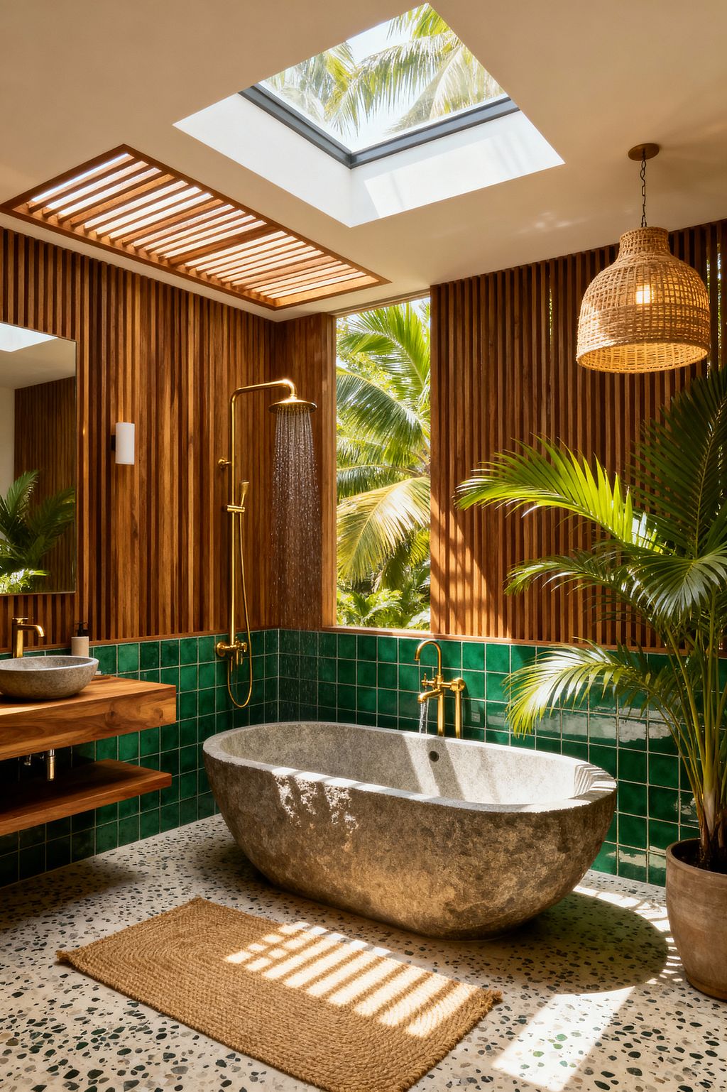 A sunlit tropical bathroom featuring a freestanding stone soaking tub set on a speckled terrazzo floor, framed by emerald green square wall tiles and vertical teak slat paneling. A brass rain shower, rattan dome pendant, and a floating wood vanity with a stone vessel sink sit beneath a large skylight and slatted screen, while potted palms and a window to lush palm trees complete the airy, spa-like atmosphere.