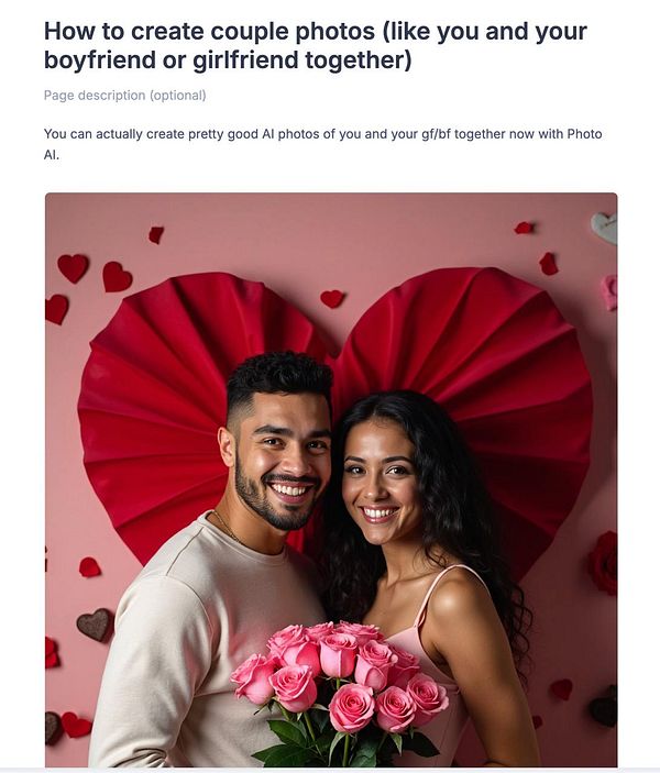 A couple poses together in front of a heart-themed backdrop, holding a bouquet of pink roses.