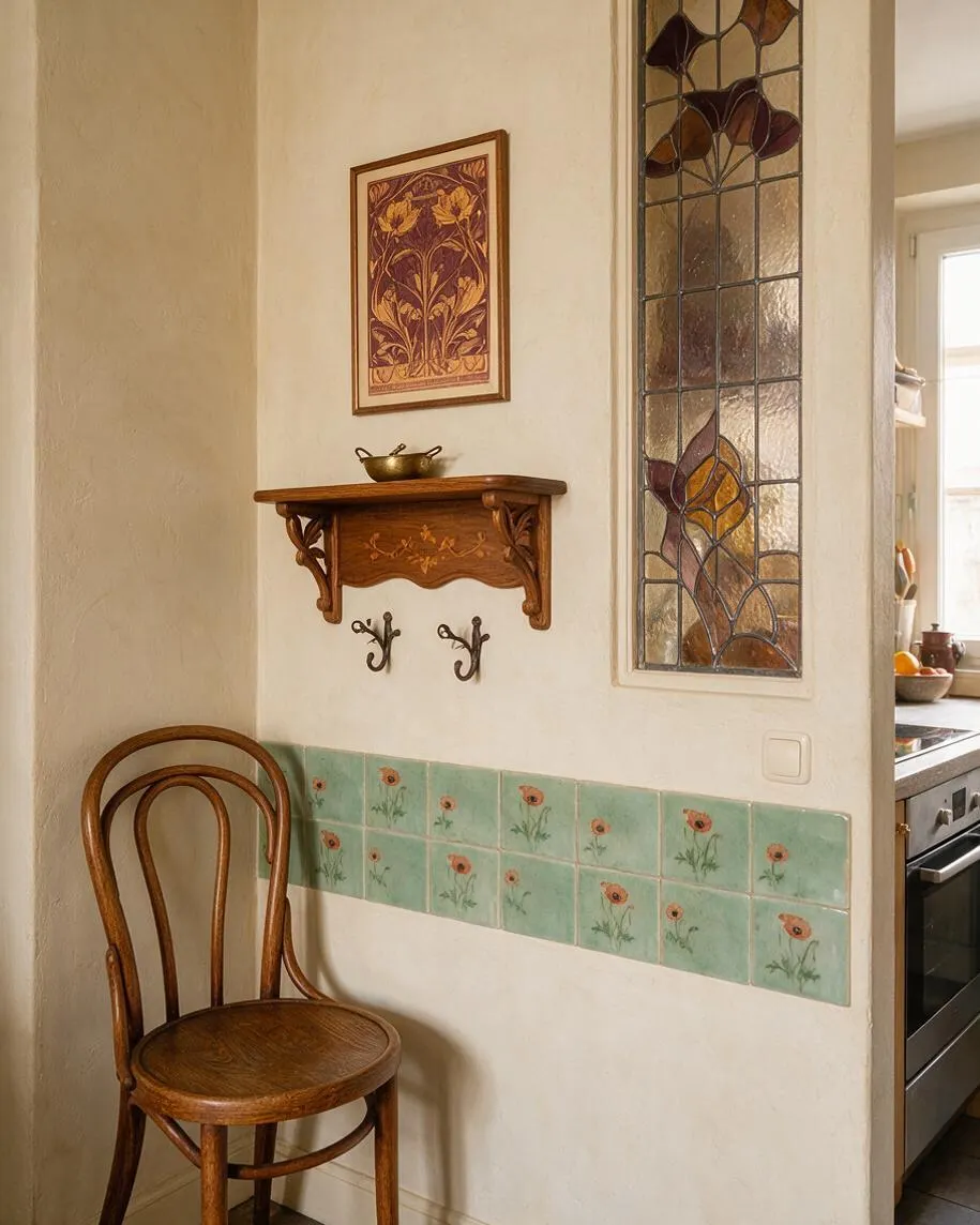 A narrow Art Nouveau-inspired entryway with cream plaster walls, a small carved wooden shelf, and a decorative stained-glass window panel. Below, a band of mint-green floral tiles runs across the wall beside a curved wooden chair, creating a warm vintage atmosphere.