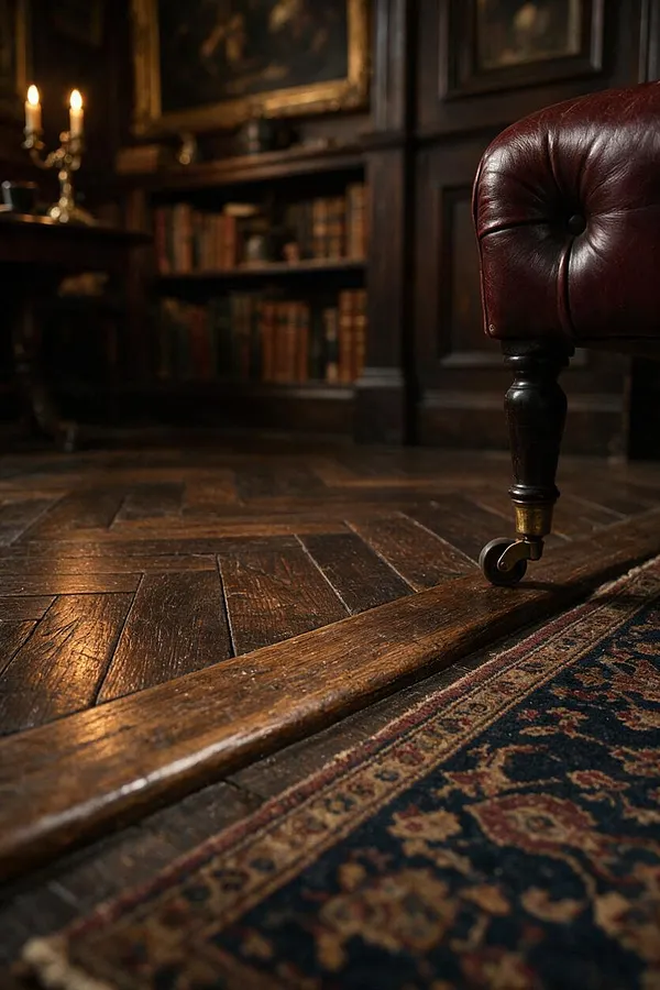 A moody Dark Academia room with a polished herringbone wood floor, a burgundy leather chair on casters, and a patterned vintage rug in the foreground. In the dim background are dark paneled walls, bookshelves filled with old books, and warm candlelight casting a soft glow.
