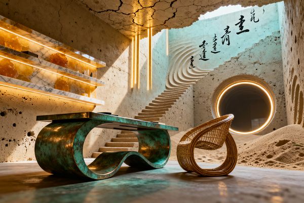 A surreal home office sits in a cavernous, sand-dusted chamber with pitted stone walls and a cracked ceiling. A sculptural verdigris metal desk and circular rattan chair face floating marble shelves lit by honey onyx; a rippled stair carved into the wall ascends toward a skylight with hanging calligraphy, while a ringed circular tunnel and vertical pendant lights bathe the room in warm amber glow.