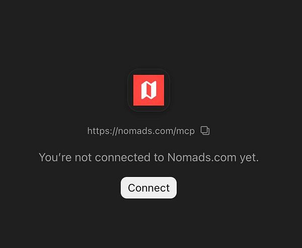 Login interface for nomads.com/mcp prompting user to connect via OAuth for authentication.
