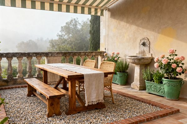 A French country patio features a rustic wooden trestle table with a linen runner, a bench, and two rattan chairs set on pea gravel bordered by brick. A carved stone wall fountain and green glazed planters with pink roses and herbs line the warm stucco wall. A green-and-cream striped awning shades the space, which overlooks a weathered stone balustrade and misty trees beyond.