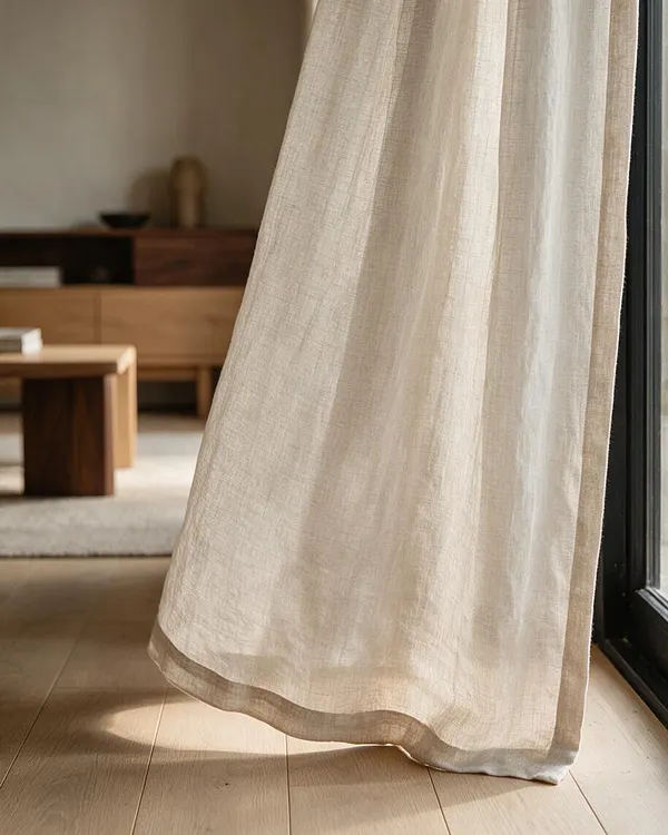 A close-up view of a light beige linen curtain hanging beside a dark-framed window, softly brushing over pale wood flooring. In the blurred background, low wooden furniture and a neutral rug reinforce the calm, minimal Japandi interior.