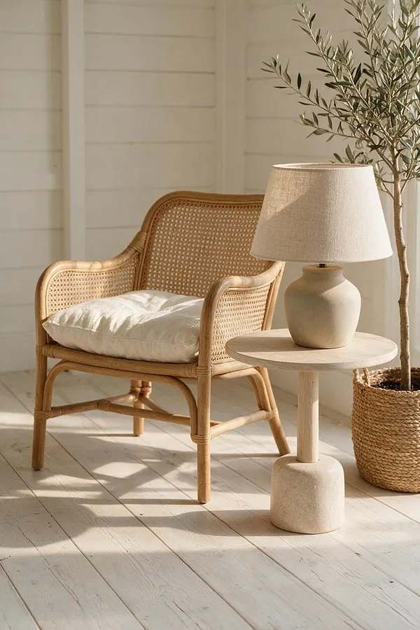 A sunlit coastal-style vignette with a woven rattan armchair and cream cushion beside a small round pedestal table. A neutral ceramic lamp and potted olive branch add soft organic texture against white shiplap walls and pale painted floorboards.