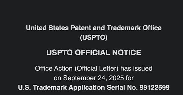 The image displays an official notice from the United States Patent and Trademark Office regarding a trademark application.