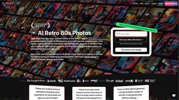 The image displays a promotional webpage for an AI photo service focused on retro-themed photography from the 60s to the 80s.