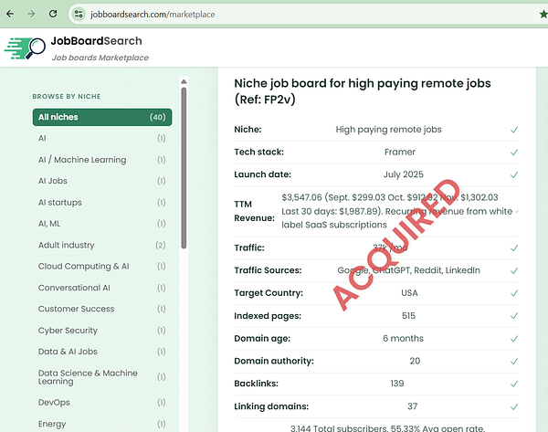 Screenshot of a job listing with the label 'Sold' highlighted, slated to be changed to 'Acquired'.