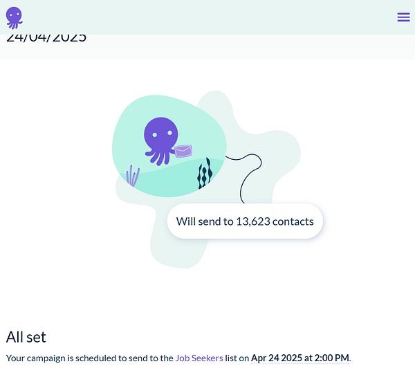 A digital interface displaying a scheduled newsletter campaign for job seekers.