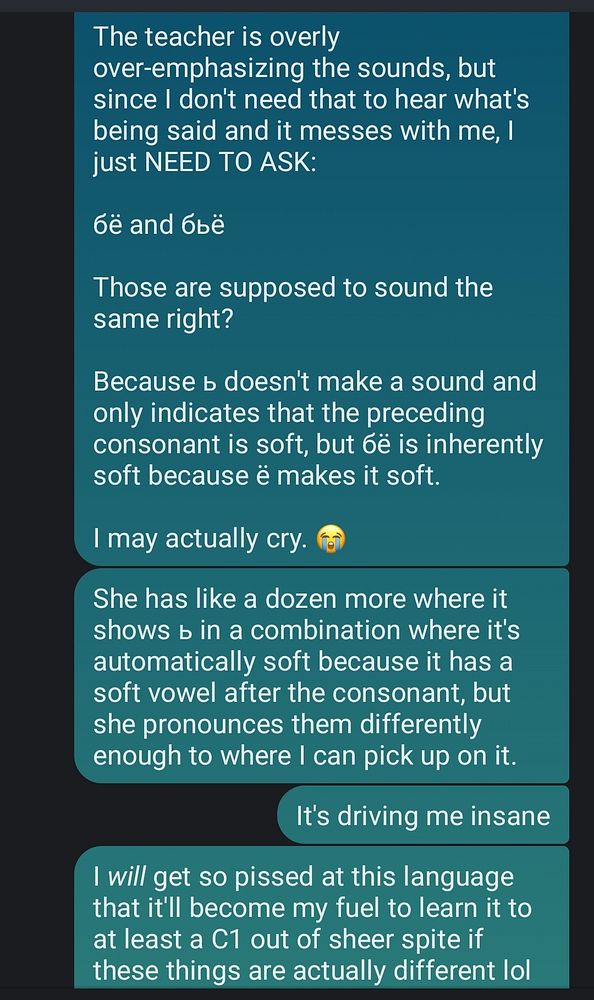 A frustrated message discussing the nuances of Russian pronunciation and language learning challenges.