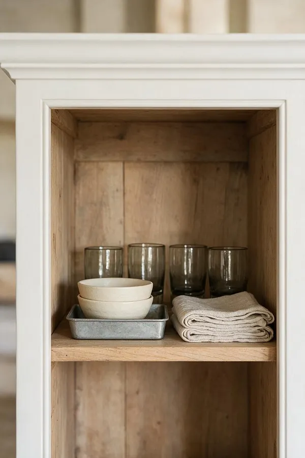 A close-up of a farmhouse-style built-in cabinet with a white painted frame and natural wood interior shelves. The shelf holds four smoky glass tumblers, stacked cream bowls in a small metal tray, and folded beige linen towels, creating a calm neutral vignette.