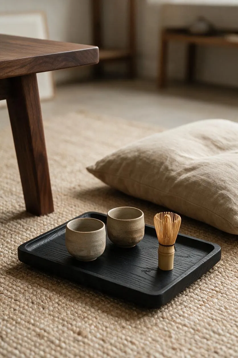 A serene Japandi-style vignette on a textured woven rug, featuring a low walnut table, a beige floor cushion, and a black rectangular tray with two small ceramic cups and a bamboo tea whisk. The soft neutral palette and natural materials create a calm, minimalist tea setting.