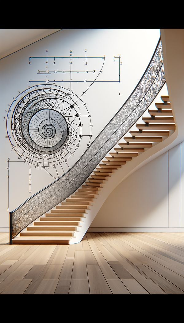 A custom-designed staircase with a railing that follows a complex curvilinear path, inspired by the concept of an evolute.