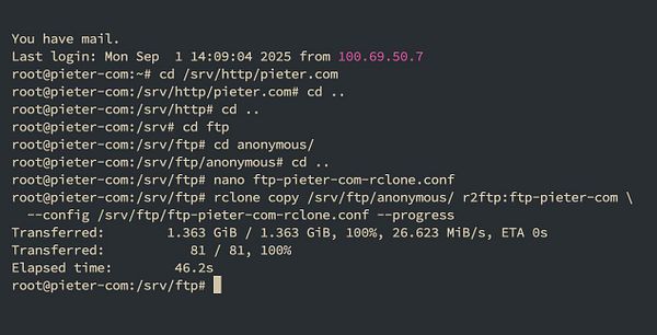 The image displays a terminal session showing commands executed to transfer files from an FTP server to an R2 bucket.