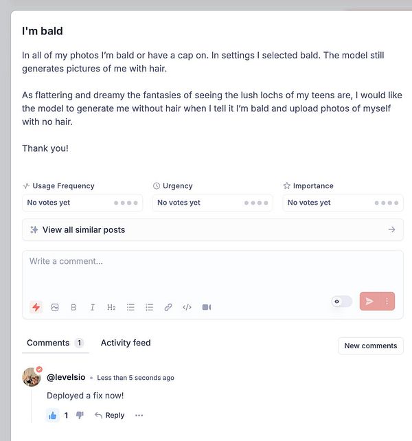 A user reports an issue with a photo generation model not recognizing baldness in their images.