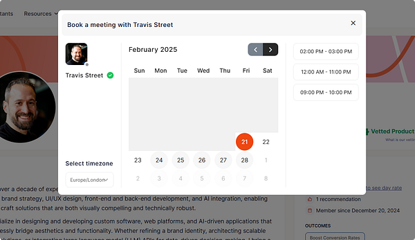 The image displays a scheduling interface for booking a meeting with Travis Street in February 2025.