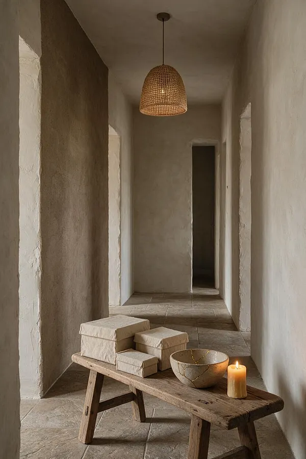 A narrow entryway with plaster walls, a woven pendant light, and a rustic wooden bench. The bench holds wrapped boxes, a cracked ceramic bowl, and a lit candle, creating a warm, minimalist Wabi-Sabi atmosphere.