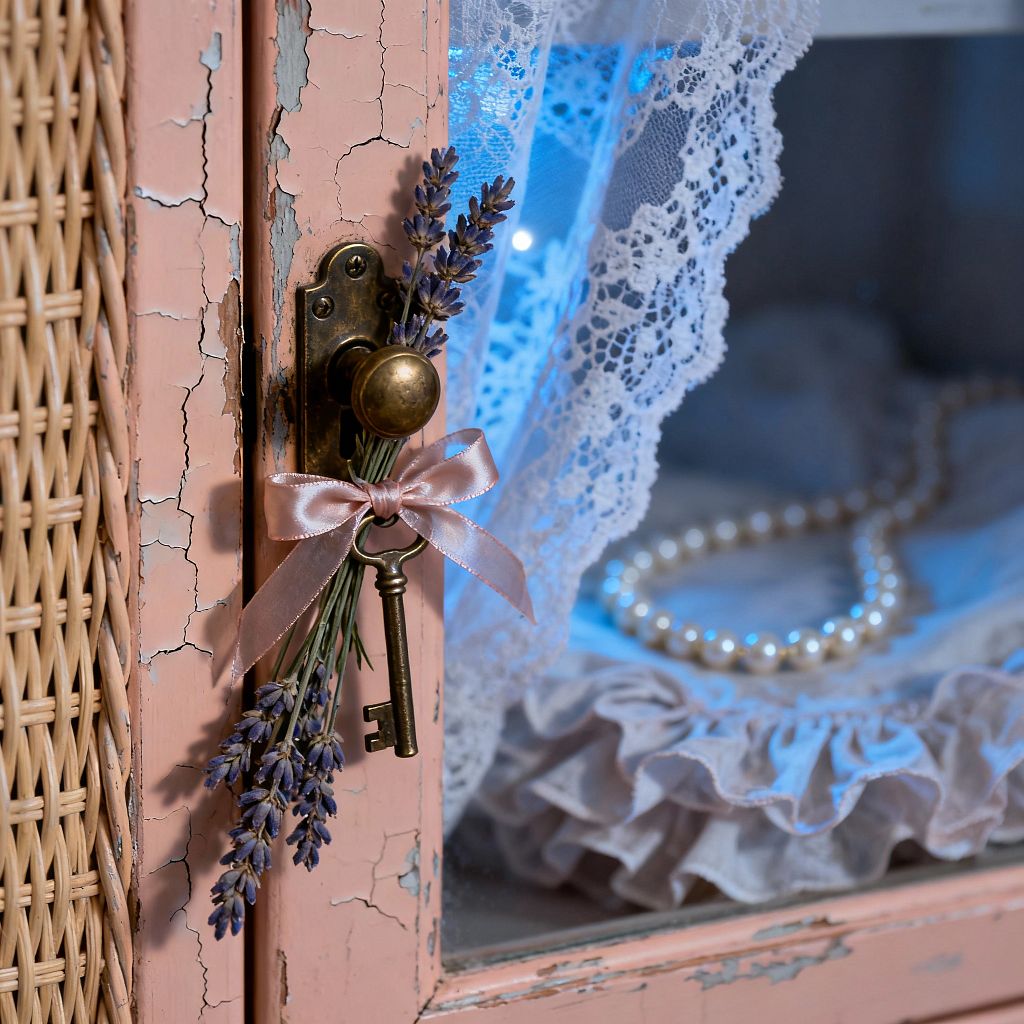 Close-up of a shabby chic bedroom cabinet shows distressed blush-pink wood with crackled paint and a cane panel. An antique brass knob holds a skeleton key tied with a pale pink satin ribbon and lavender sprigs. Behind the glass door, scalloped white lace and a ruffled fabric liner frame a pearl necklace, softly illuminated by a cool blue glow.