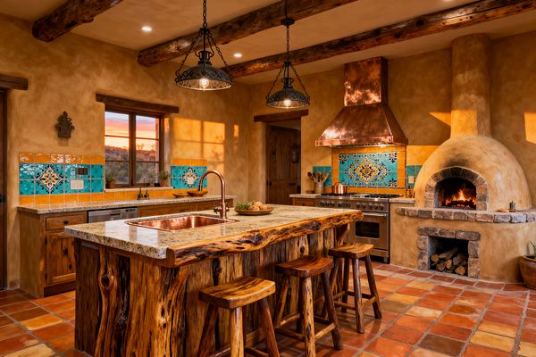 A Southwestern kitchen with terracotta Saltillo floor tiles, plastered adobe walls, and heavy timber ceiling beams. A live-edge wood island with a light granite top holds a copper sink and gooseneck faucet. Turquoise and marigold Talavera tile backsplashes accent a stainless range under a hammered copper hood. At right, a beehive-style kiva fireplace with a stone hearth glows, while wrought-iron pendants light the space.