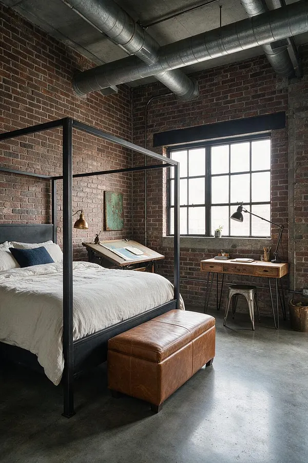 A master bedroom with exposed red brick walls, a black metal canopy bed, and white bedding layered with dark accent pillows. Large grid windows bring in soft daylight, while industrial ductwork runs across the ceiling above a leather bench, wooden desks, and metal-stool accents.
