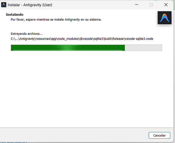 The image displays a software installation progress window for the Antigravity IDE.