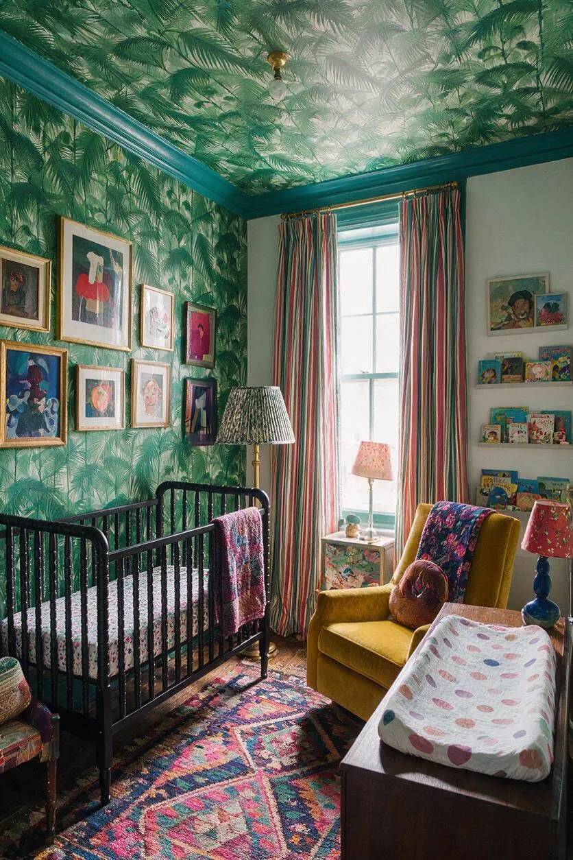 A colorful maximalist nursery features green palm-print wallpaper and matching ceiling paper, a black crib, striped curtains, and a mustard velvet armchair. The room includes framed artwork, wall-mounted children’s books, a bright patterned rug, and playful lamps and textiles throughout.