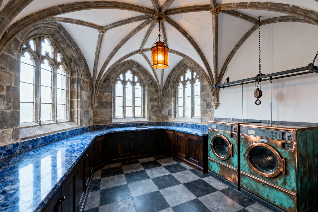 A Gothic-style laundry room occupies a stone-vaulted corner with ribbed arches and pointed, traceried windows. Dark wood base cabinets wrap a U-shaped perimeter beneath vivid blue stone countertops and splash, a black-and-gray checkerboard floor, two front-loading washers clad in verdigris copper at right beneath an iron rail with pulley, and a warm amber hexagonal lantern hanging at the vault’s center.