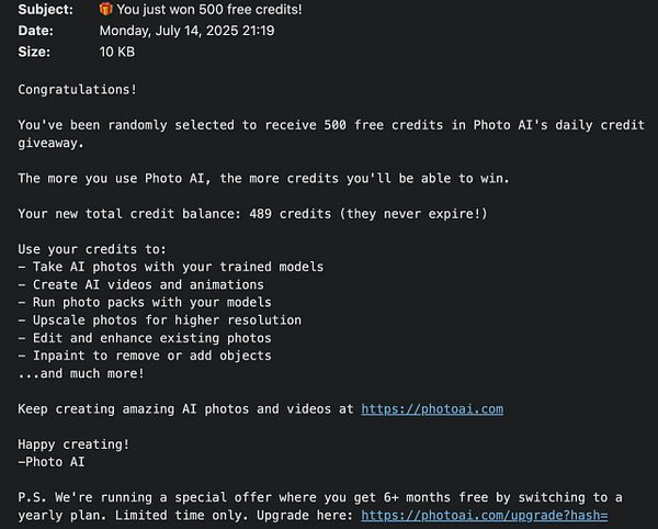 An email notification congratulating the user on winning 500 free credits for Photo AI.