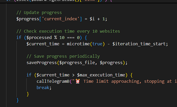 The image displays a code snippet related to a bot for job board checks.