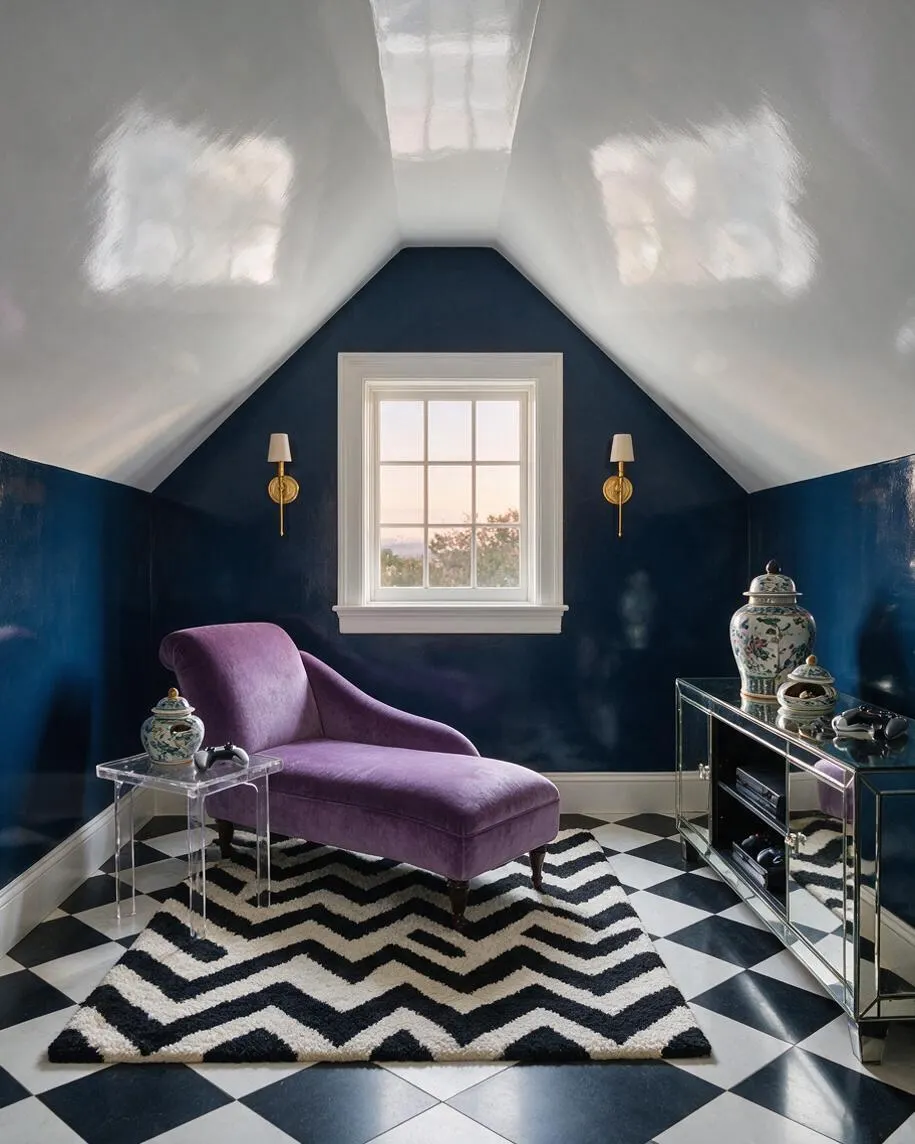 A small Hollywood Regency game room with glossy navy walls, a white sloped ceiling, and a black-and-white checkered floor. A purple chaise lounge sits on a bold zigzag rug, flanked by acrylic and mirrored side pieces, with brass wall sconces and decorative porcelain jars adding glamour.