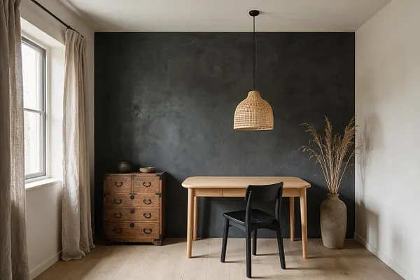 A serene home office with a light wood desk and black chair centered against a dark charcoal accent wall. A woven pendant light hangs above, while a rustic wooden chest, tall vase with dried grasses, and soft linen curtains add warmth and texture.