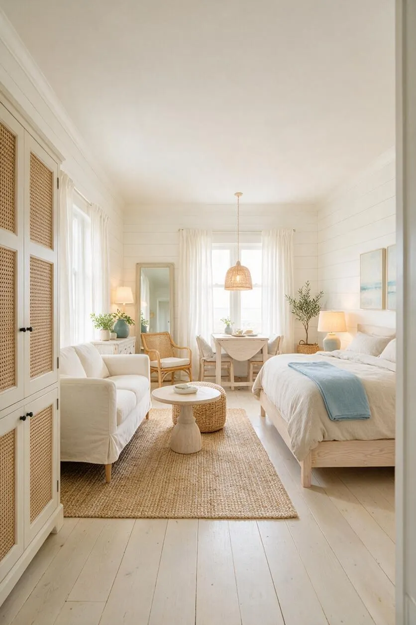 A bright coastal-style studio apartment with white walls, light wood floors, and soft natural textures. The space includes a white sofa, a low bed with a pale blue throw, woven rattan furniture, a jute rug, sheer curtains, and warm lamps that create a calm, sunlit atmosphere.