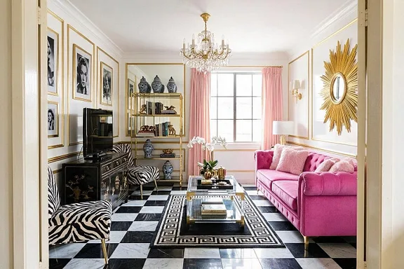A Hollywood Regency living room in the Fuchsia and Gold palette