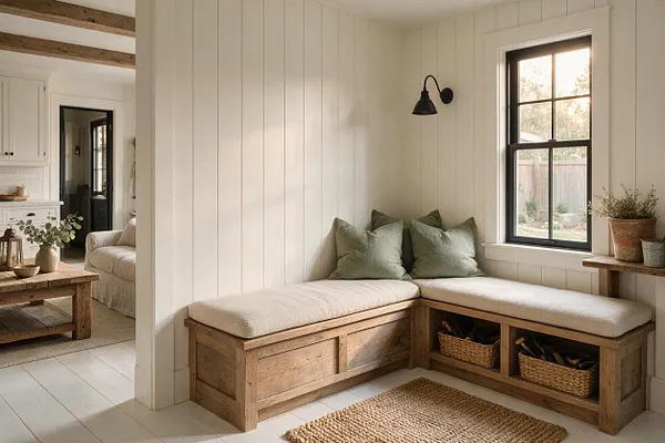 A bright farmhouse-style backyard entry nook with white vertical shiplap walls, a built-in wooden L-shaped bench with beige cushions, and sage green pillows under a black-framed window. Woven baskets sit in open cubbies below the seat, while rustic wood accents, a jute rug, and potted plants add warmth and texture.