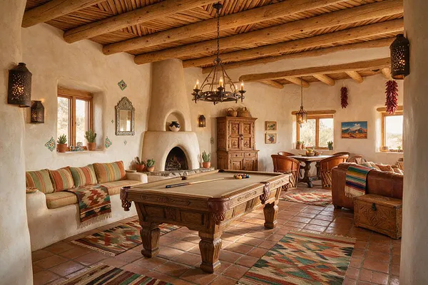 A warm Southwestern-style game room features a carved wooden pool table centered on terracotta tile floors, with exposed wooden ceiling beams above. White adobe-style walls, a rounded plaster fireplace, patterned textiles, rustic wood furniture, and hanging lanterns create a cozy, sunlit space.
