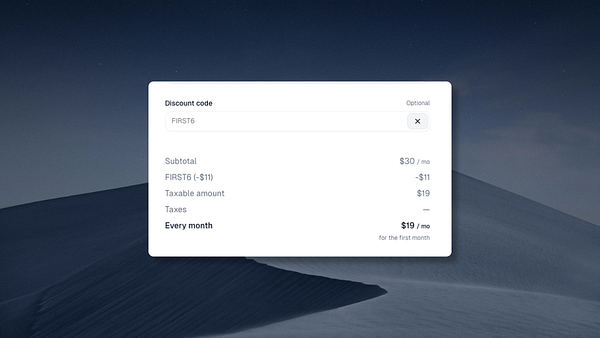 The image displays a pricing summary for a subscription service with a discount code applied.
