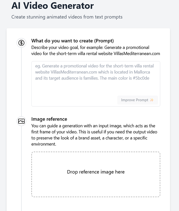 The image displays a user interface for an AI video generator tool.