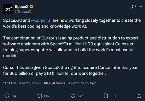 Screenshot of a tweet announcing xAI's acquisition of Cursor for $60 billion, highlighting investment potential.