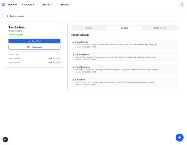The image displays an activity timeline for a contact named Tim Bartrum in the TinySend application.