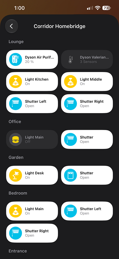 Home app interface showing multiple smart home controls for lights, shutters, and an air purifier grouped by rooms in a corridor Homebridge setup.
