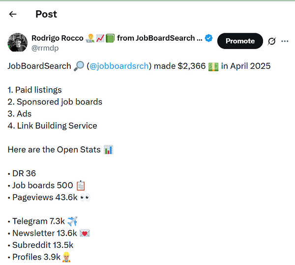 A Twitter post detailing the earnings and statistics of JobBoardSearch for April 2025.