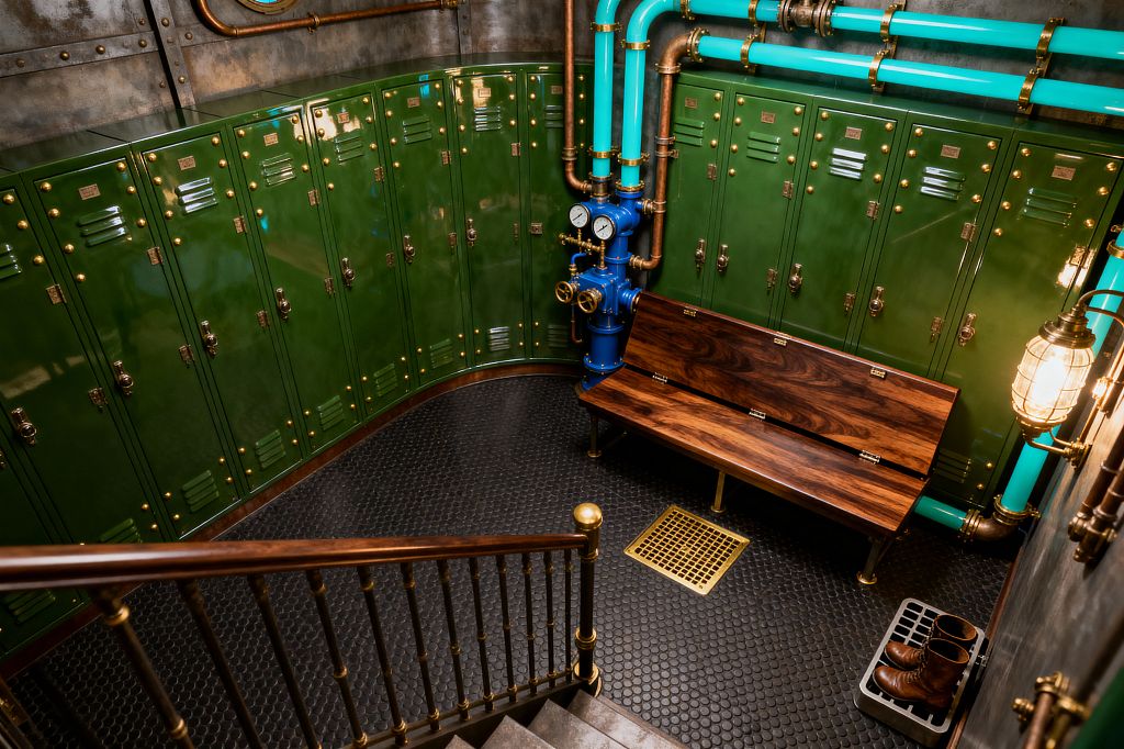 An industrial mudroom viewed from a stair with a wood-and-brass railing shows a curved wall of glossy hunter-green metal lockers with brass rivets and latches. Exposed copper and turquoise pipes converge at a blue valve station with gauges above a walnut bench. The floor is black penny-round tile with a brass drain; a caged bulb sconce casts warm light. Riveted steel wall panels, a small porthole window, and a boot tray with brown leather boots reinforce the steampunk aesthetic.