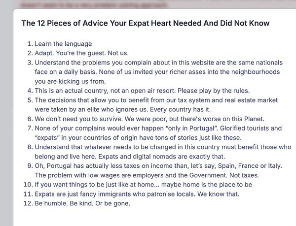 A list of advice for expats living in Portugal, emphasizing cultural adaptation and humility.