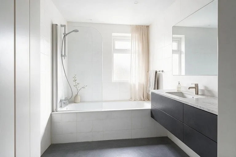 A Minimalist bathroom in the Charcoal and White palette: white, charcoal, slate gray, pale gray, and chrome