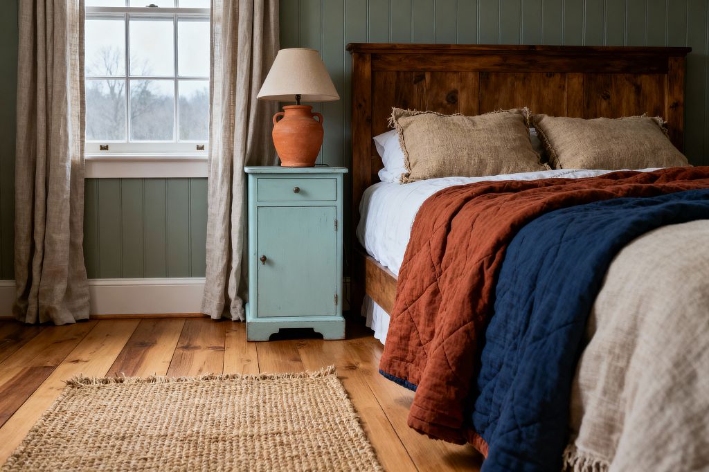 A farmhouse bedroom features a rustic solid-wood bed with a knotty headboard, dressed in white sheets, a rust quilt, a deep navy quilt, and natural linen pillows. To the left, a distressed pale blue nightstand holds a terracotta jug lamp. Sage green vertical paneling and a white-trimmed window with beige linen curtains set a muted backdrop. Honey-toned wide-plank floors and a chunky jute rug ground the scene, lit by soft daylight from the window.