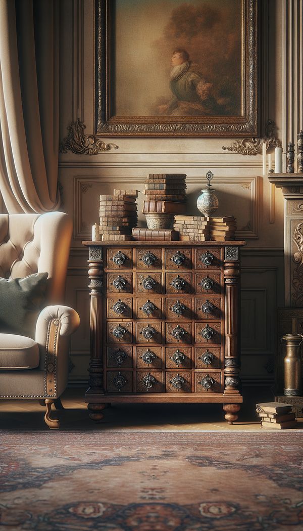 A vintage wooden apothecary chest with numerous small drawers, each with labeled or ornate handles, placed in a cozy living room setting next to a plush armchair and a stack of old books on top.