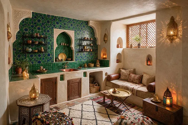 A Moroccan-style basement combines a small kitchen nook and cozy lounge area. The space features green patterned tile, carved arch details, built-in alcoves, lantern lighting, a low cushioned bench, carved wooden tables, and layered rugs in cream, red, and multicolor tones.