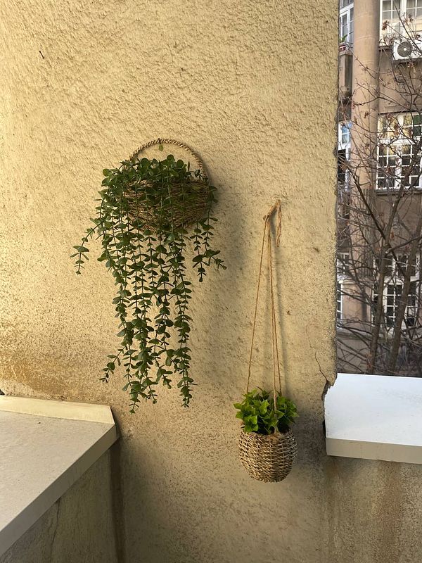 A cozy balcony corner featuring hanging plants and a minimalist design.