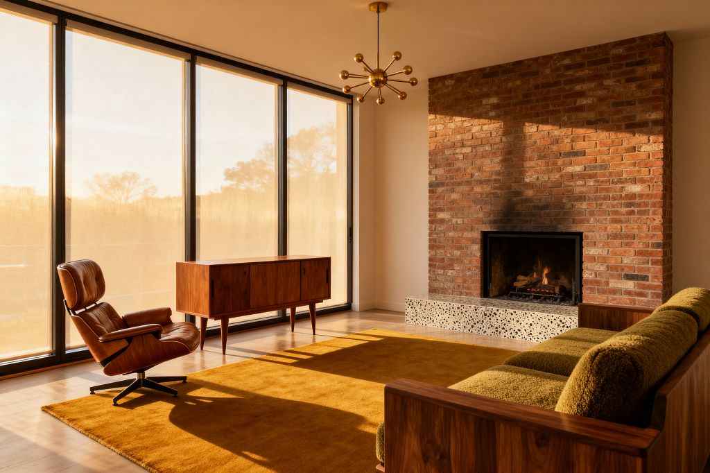 A mid-century modern living room with floor-to-ceiling windows fitted with sheer roller shades, bathing the space in golden light. A red brick fireplace with a speckled terrazzo hearth anchors the room, facing a low walnut-framed sofa upholstered in olive fabric. A bent-plywood brown leather lounge chair and slim walnut credenza sit on a mustard rug over light wood floors, while a brass sputnik chandelier hangs above in a clean, uncluttered layout.