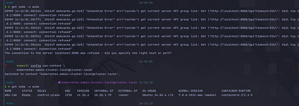 Terminal interface showing a successful Kubernetes cluster setup using Kubespray with system information and cluster logs.